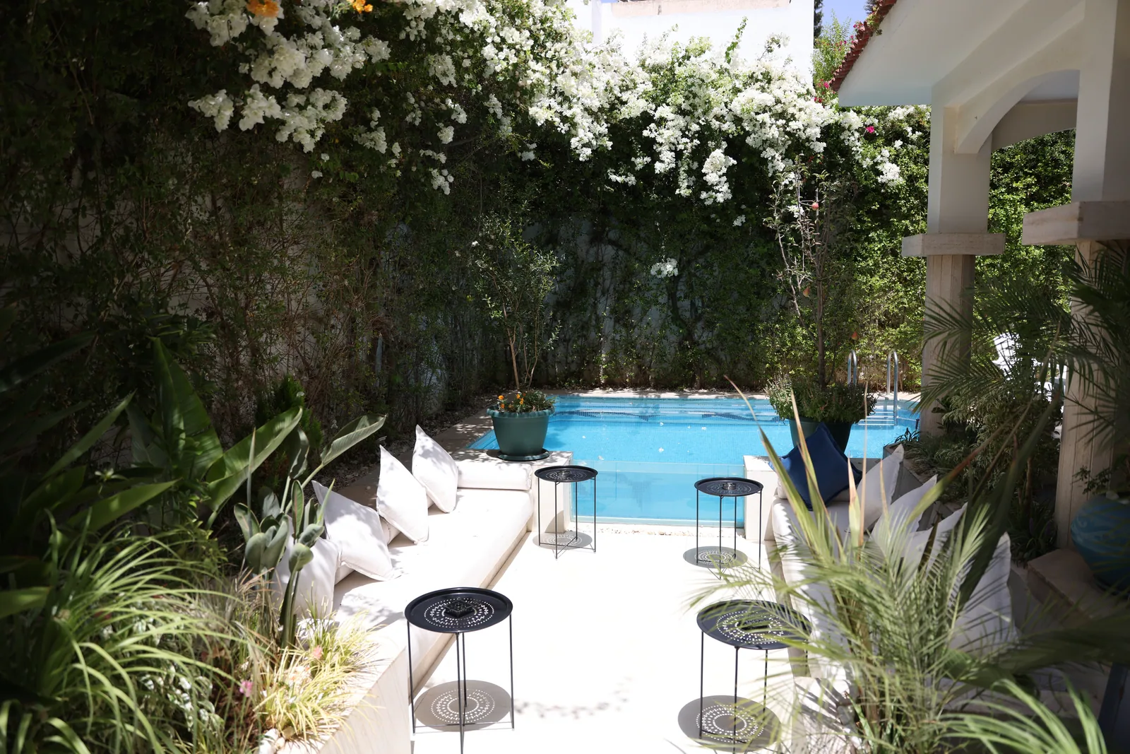 The pool at Riad Sebti under white bougainvillea, with cushioned banquettes along the colonnade.
